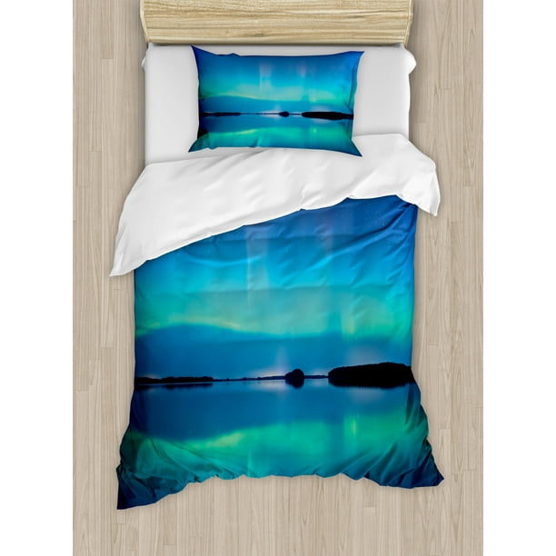 Aurora Borealis Duvet Cover Set Unusual Sky Scenery Over Calm