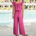 thumbnail image 3 of Wyobmus Wide Leg Jumpsuits for Women 2025 Summer Outfit Rompers Ruffle Cap Sleeves Crew Neck Rompers Drawstring Pleated Overalls With Pockets Hot Pink, 3 of 4