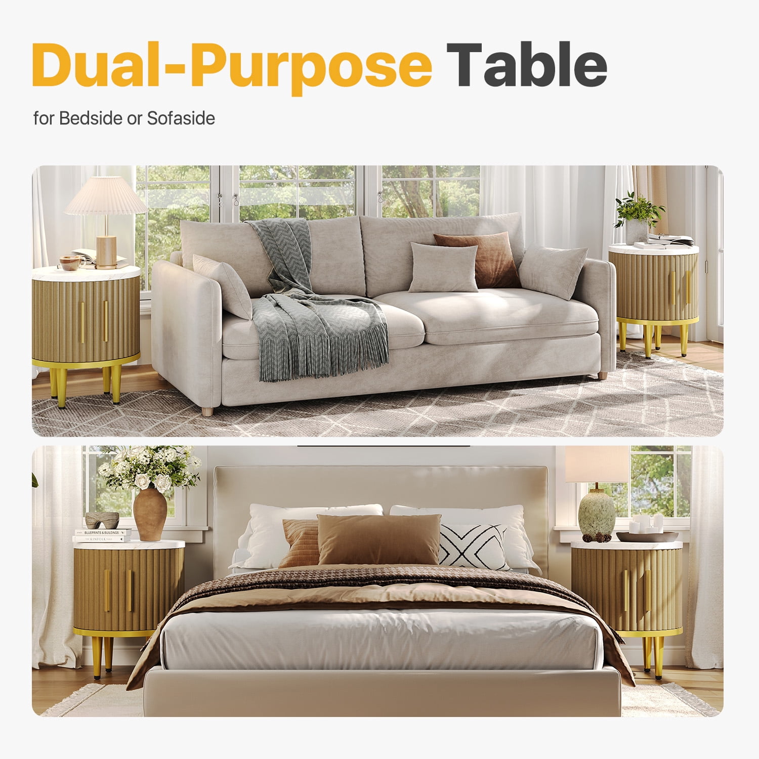 Sonegra Fluted Nightstand Set of 2, Modern Side Table with Faux Marble Top and Metal Handle, Boho Bedside End Table with Sliding Door and Curved Corners for Bedroom,Living Room, Natural Oak