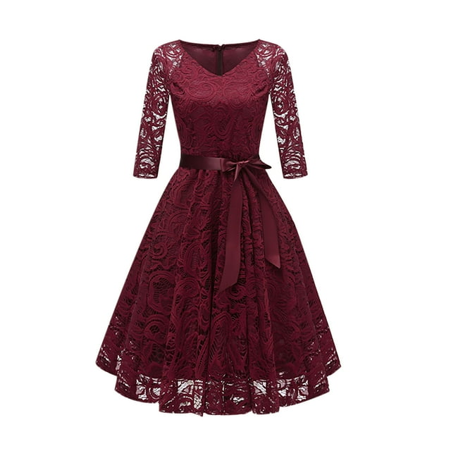 Vestido de Encaje de Manga Larga Con Cuello en V Y Temperamento Vintage Para Mujer Odeerbi ODB114155