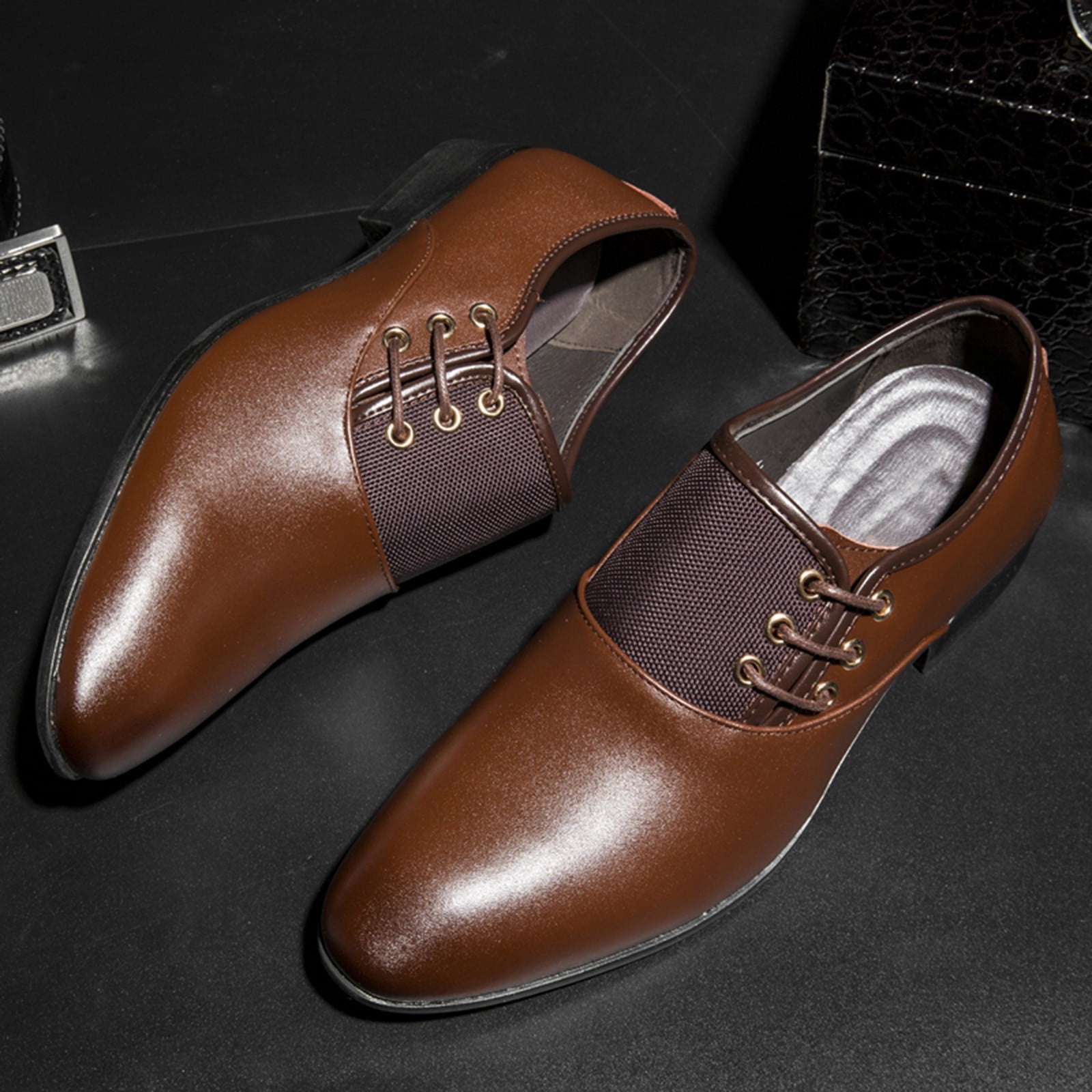 Adult Men Shoes Leather Shoes Men Classical Style Leather Shoes for Men Slip On PU Leather Low Rubber Sole Block Heel Work Male Shoes Brown 13
