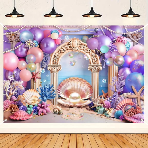 7x5Ft Under The Sea Backdrop Starfish Pearl Shells Ocean Princess Birthday Photography Background for Girls Pink Purple Balloon Floral Baby Shower Party Decorations Banner Photo Studio Props