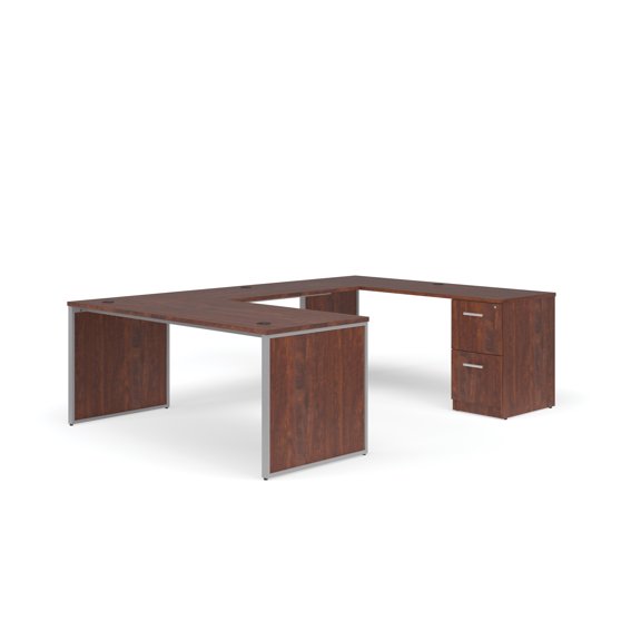 OFM Fulcrum Series Office Furniture Set, 72" U-Shaped Desk with Bridge, Credenza, 2-drawer Filing Cabinet, Leg Panels, in Cherry