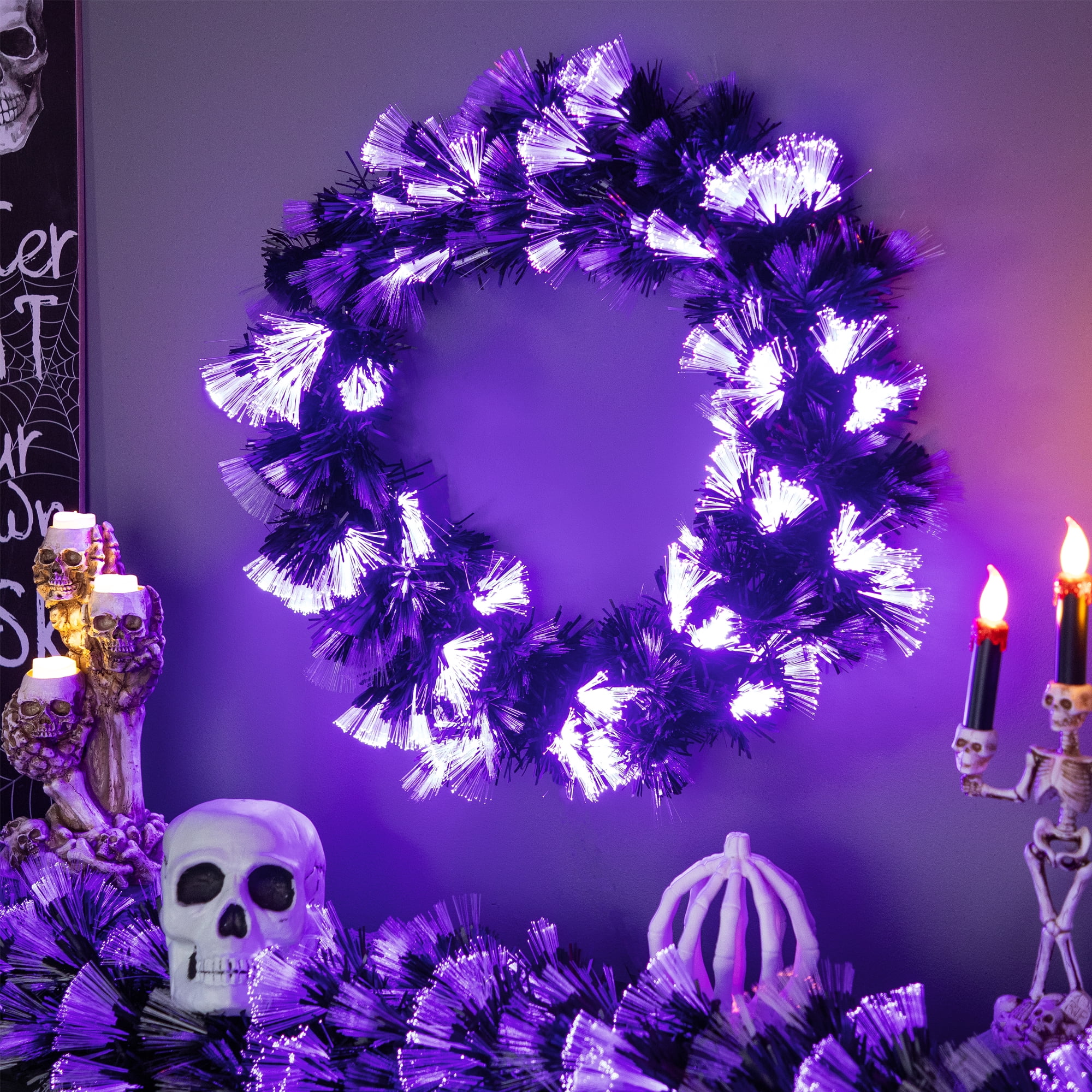 Multi-Function Fiber Optic Artificial Halloween Wreath - 24" - Black - Orange and Purple LED