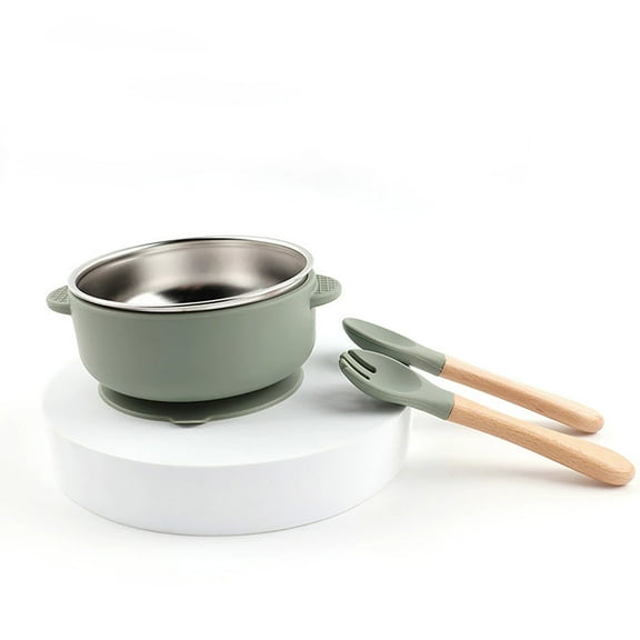 Army Green Kids Tableware Set 3 Piece Food Grade Silicone Bowl With Stainless Steel Inner Liner Insulated Baby Feeding Dish Toddler Meal Plate Spoon Suction Cup Base Infant Weaning Set 115
