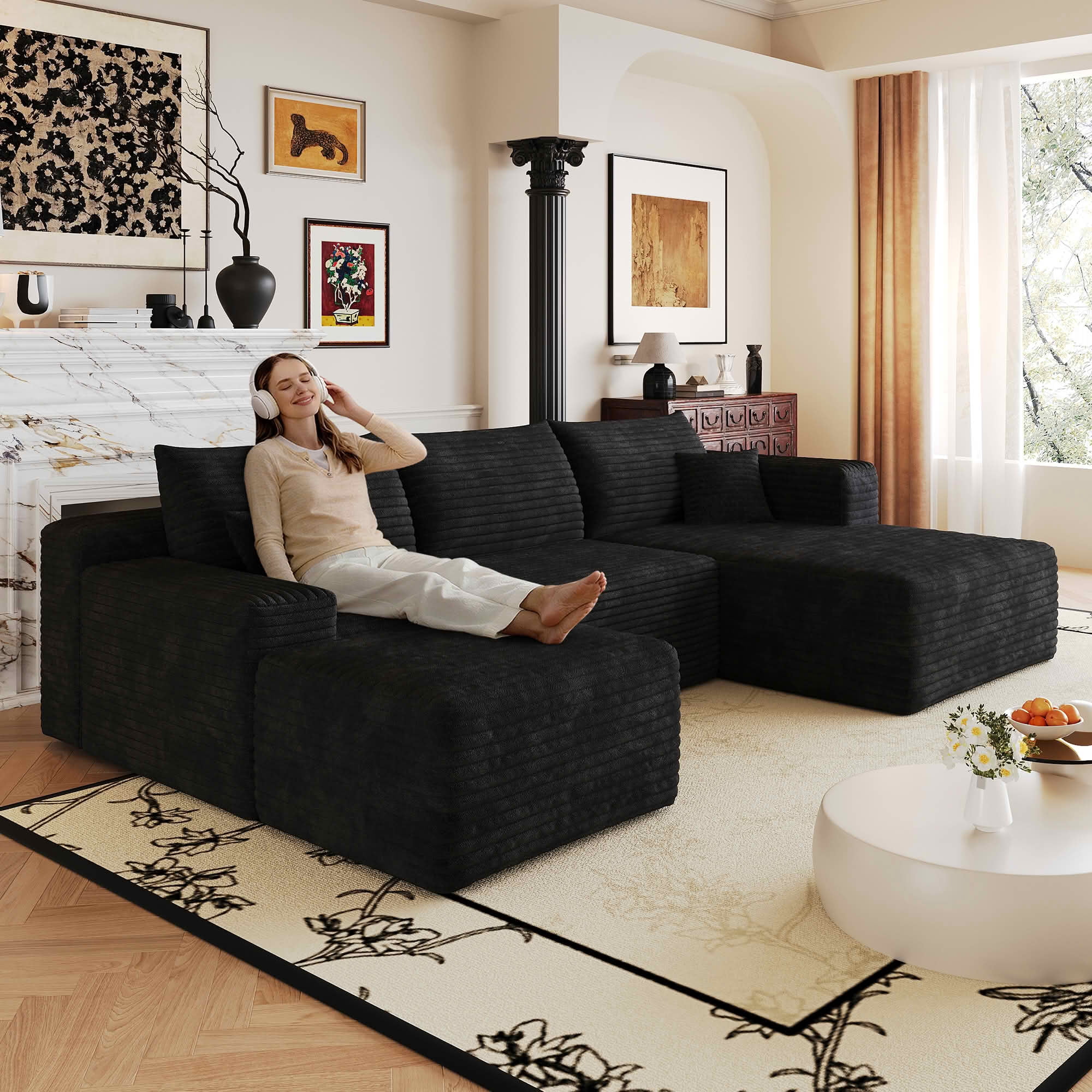 MAYEERTY 103 Inch Cloud L Shaped Sectional Sofa, Plush Corduroy Deep Seat Corner Couch, No Assembly Modern Minimalist Sofa for Living Room Apartment