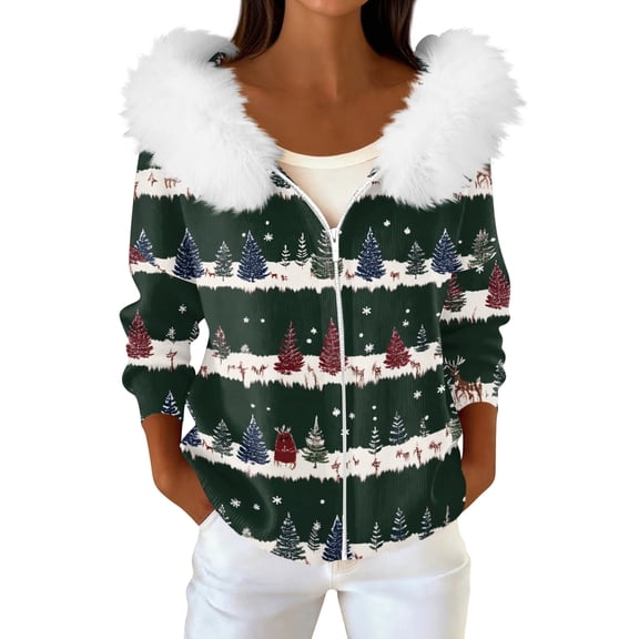Women's Fashion Casual Sweater with Zipper Print, Plush Hooded Cardigan Jacket for Christmas Season and Cozy Wear,Dark Green,L