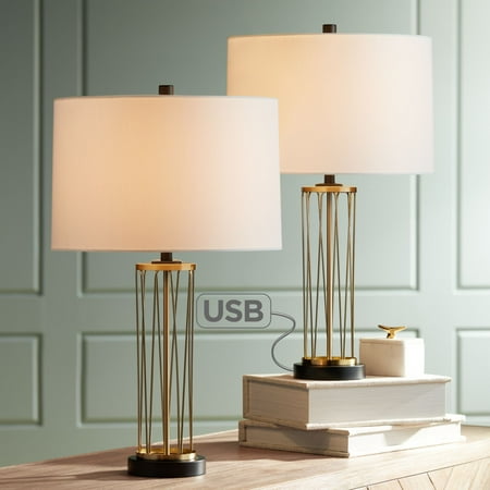 Modern Gold Machine - 360 Lighting Modern Table Lamps Set of 2 with USB Charging Port Gold Metal Drum Shade for Living Room Family Bedroom Bedside