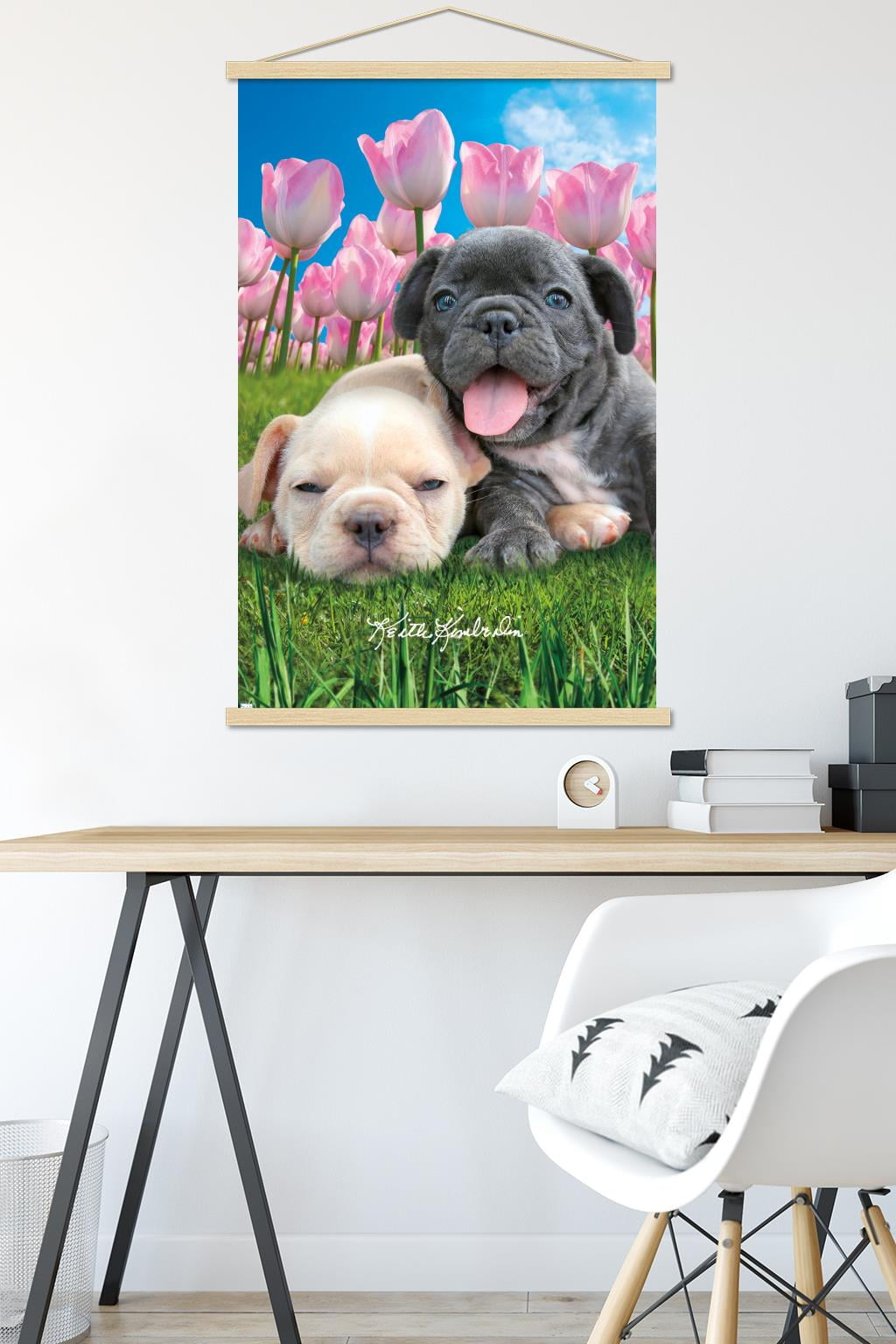 Keith Kimberlin - Bulldog Puppies Wall Poster with Wooden Magnetic Frame, 22.375" x 34"