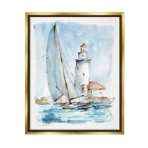 Stupell Industries Nautical Sailboat & Lighthouse Coastal Painting Gold Floater Framed Art Print Wall Art