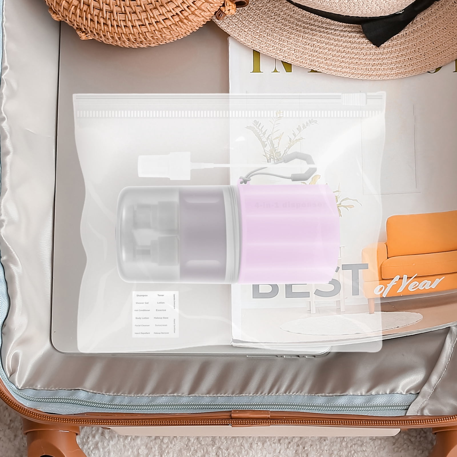 NUAHRHY 4-in-1 Travel Toiletry Container, 4 2Oz Leak Proof Travel Bottle Set with Suction Cup for Smooth Wall, Portable Refillable Dispenser Bottle for Shampoo Conditioner Body Wash Lotion