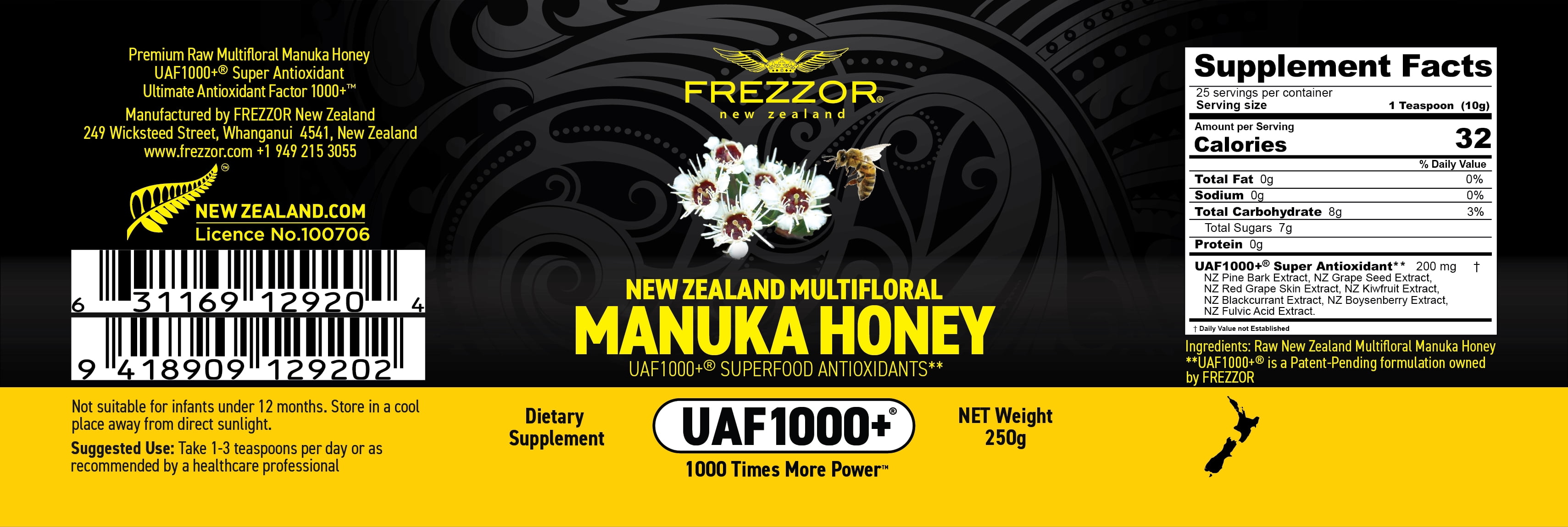 FREZZOR Multifloral Wild Manuka Honey New Zealand | Organic UAF1000+, Raw, Antibacterial, Anti-Inflammatory, Natural Antioxidants and Immune Support, 2 Jars
