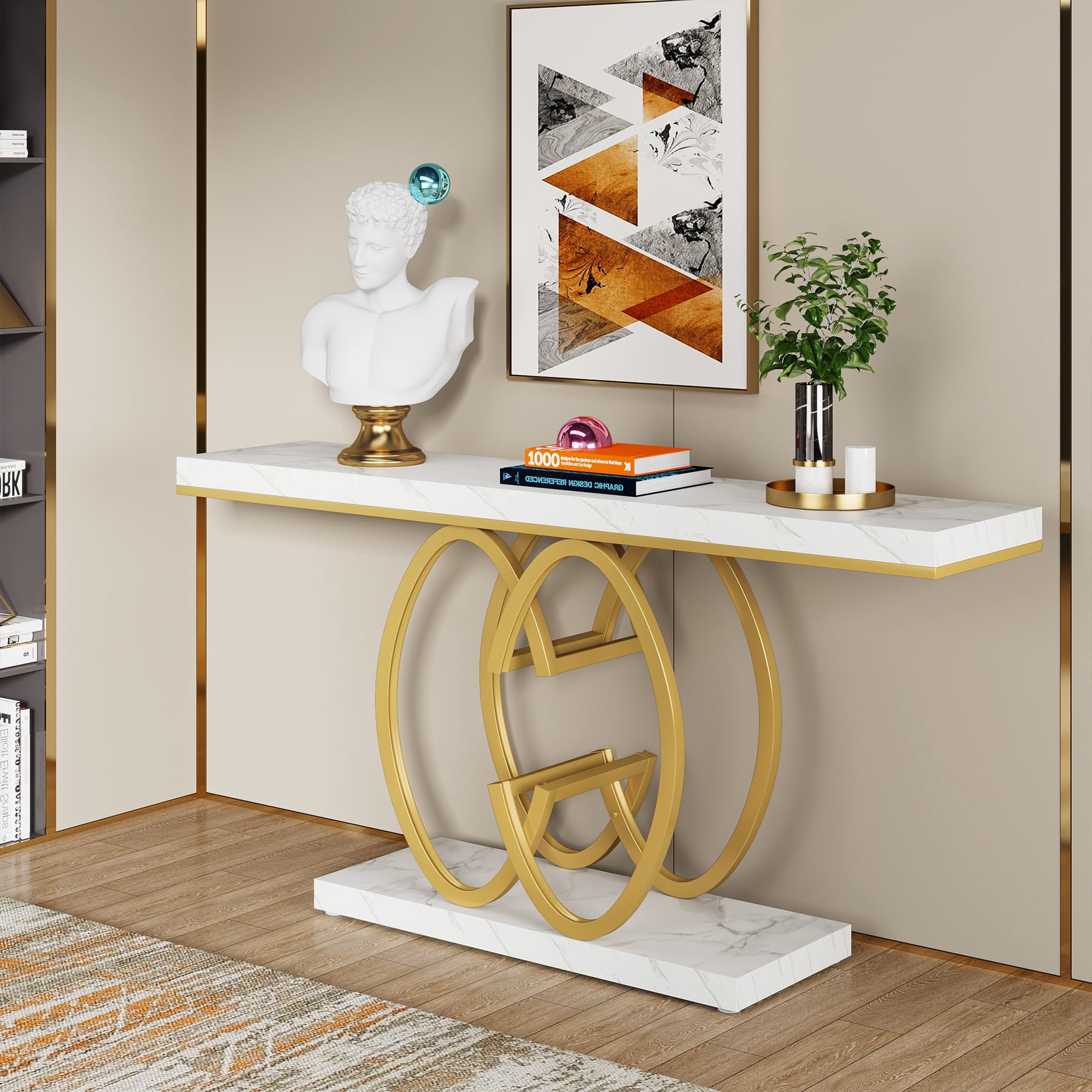Tribesigns Modern Faux Marble Console Tables, 55.12" Narrow sofa Entryway Tables with Metal Base for Living Room, Hallway and Foyer,White & Gold