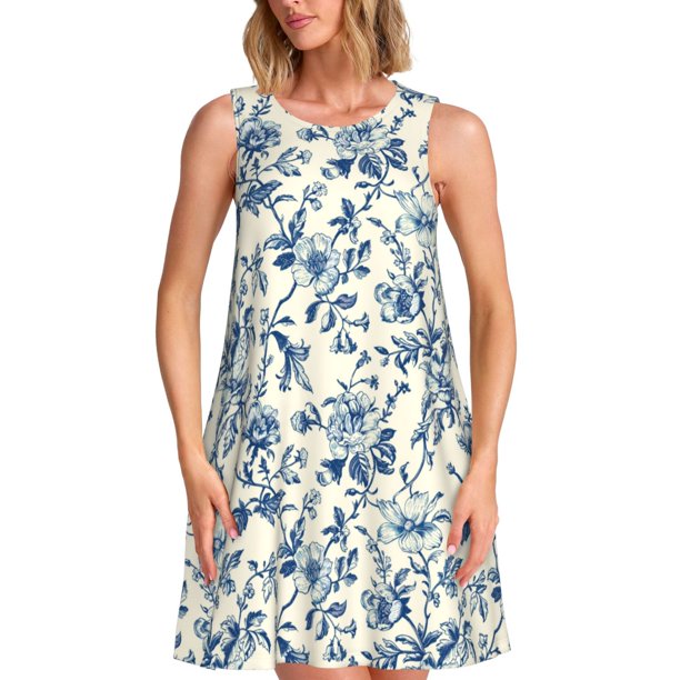 Fotbe Vintage Blue Floral Vestido de Verano sin Mangas para Mujer – Vestido Midi Línea A, Estilo Camiseta Floral, Vestido Playero Casual y Fluido