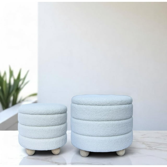 Nola Home Ottomane de Rangement Capitonnée en Peluche Bouclée Rembourrée, Ensemble de 2 Pcs, Blanc
