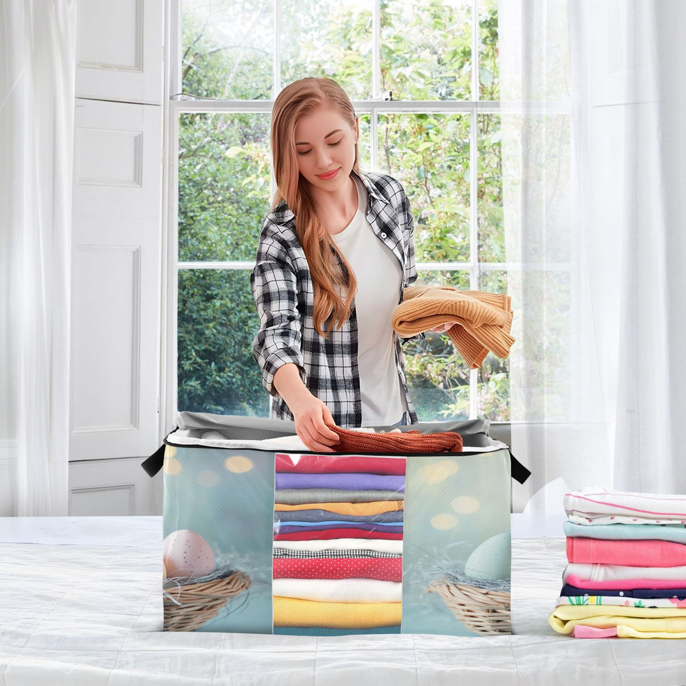Foldable Clothes Storage Bags Clothes Organizer Bin with Clear Windows for Clothes Bedding Easter Basket with Eggs