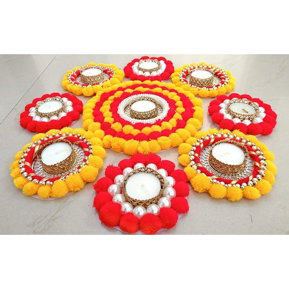 Swadeshi Desire™Wool Flower Rangoli for Diwali Decoration with Tea Light diyas (Red & Yellow) ( Pack of 9 Pc)