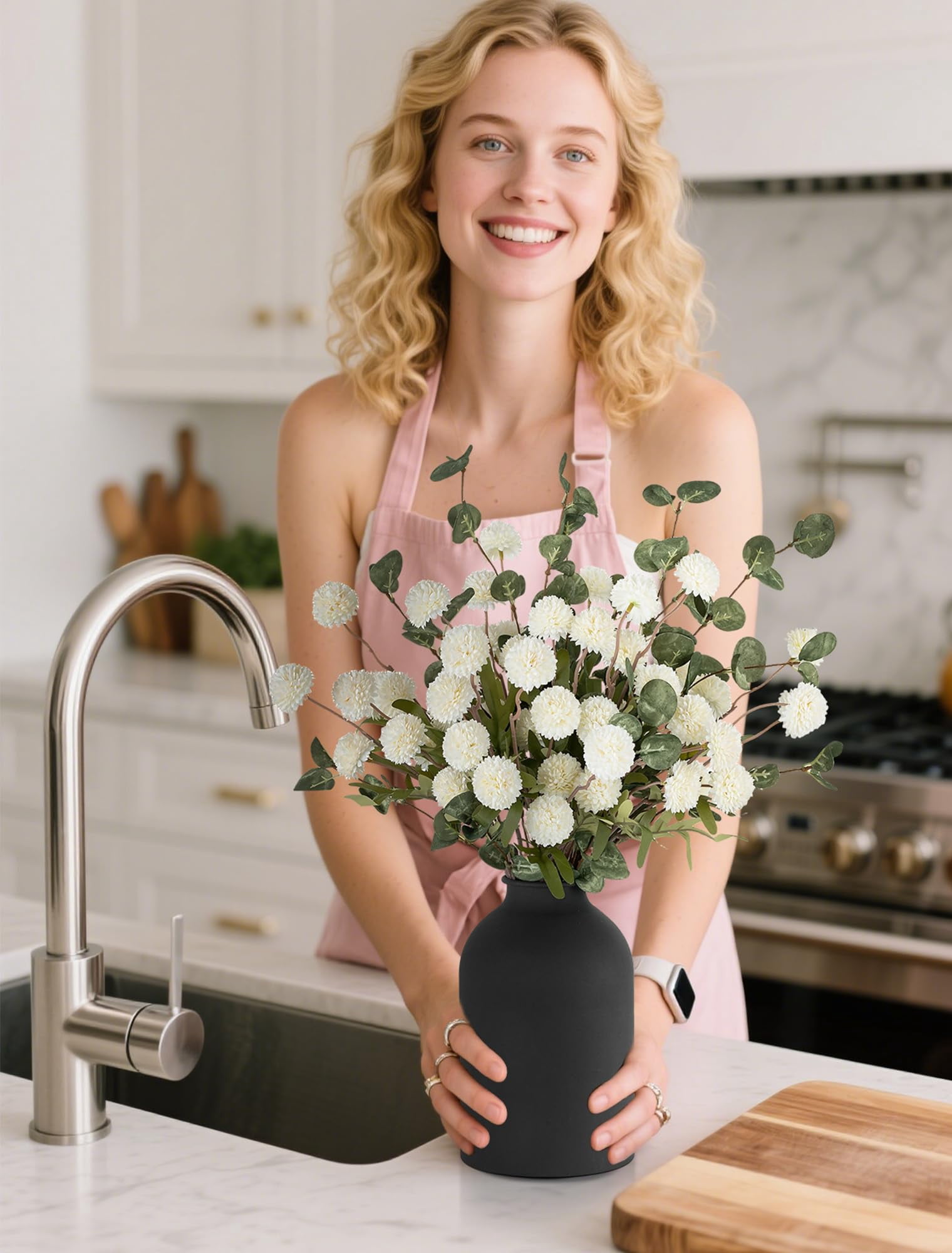 Nuptio Fake Flowers in Vase for Centerpieces: Metal Vase with 12 Stems of Artificial Mums Kiku Flowers Eucalyptuses Home Table Decor - White Faux Pom Poms Floral Arrangements for Living Room
