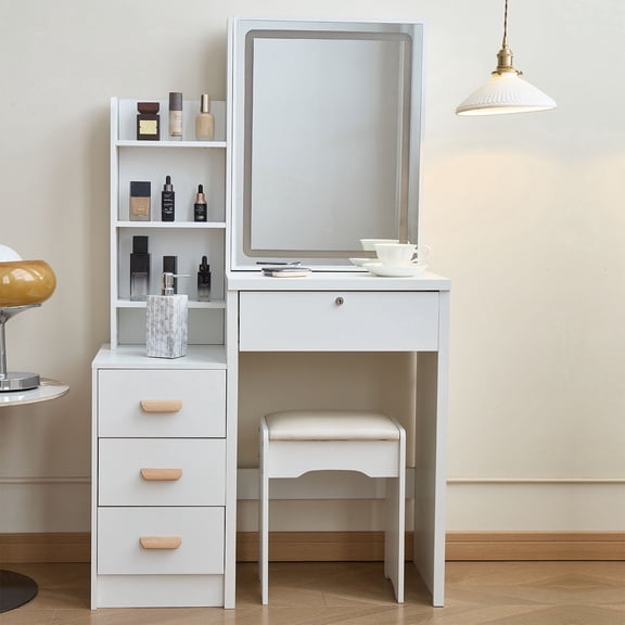 31.5"Makeup Vanity Desk with Lockable Drawer, Sliding LED Mirror, 3-Color Lights, Hidden Storage, 4 Drawers & Stool for Women & Teen Girls White