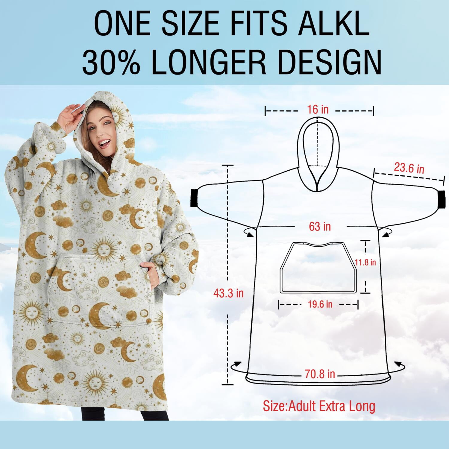 Oversized Wearable Blanket Hoodie,White Gold Sun Moon Cloud Pattern Sherpa Blanket Hoodie with Super Pockets,Super Warm Fuzzy Pullover for Women & Men
