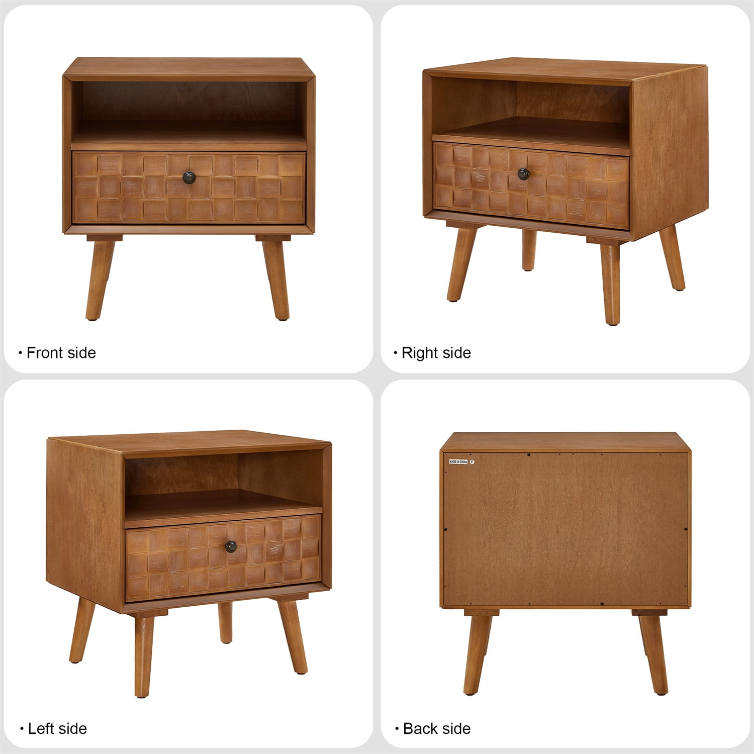 Hommoo 22" Mid-Century Modern Wooden Nightstand with Geometric Carved Drawer Front, Open Shelf & Spacious Drawer, Compact Bedside Table for Bedrooms, Apartments & Dorms, Golden Oak