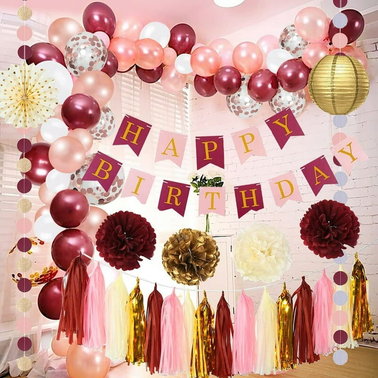 Rose Gold Birthday Decorations Burgundy Party Decorations for Girl Woman  Happy Birthday Heart Foil Balloons Rose Gold Confetti Bal 