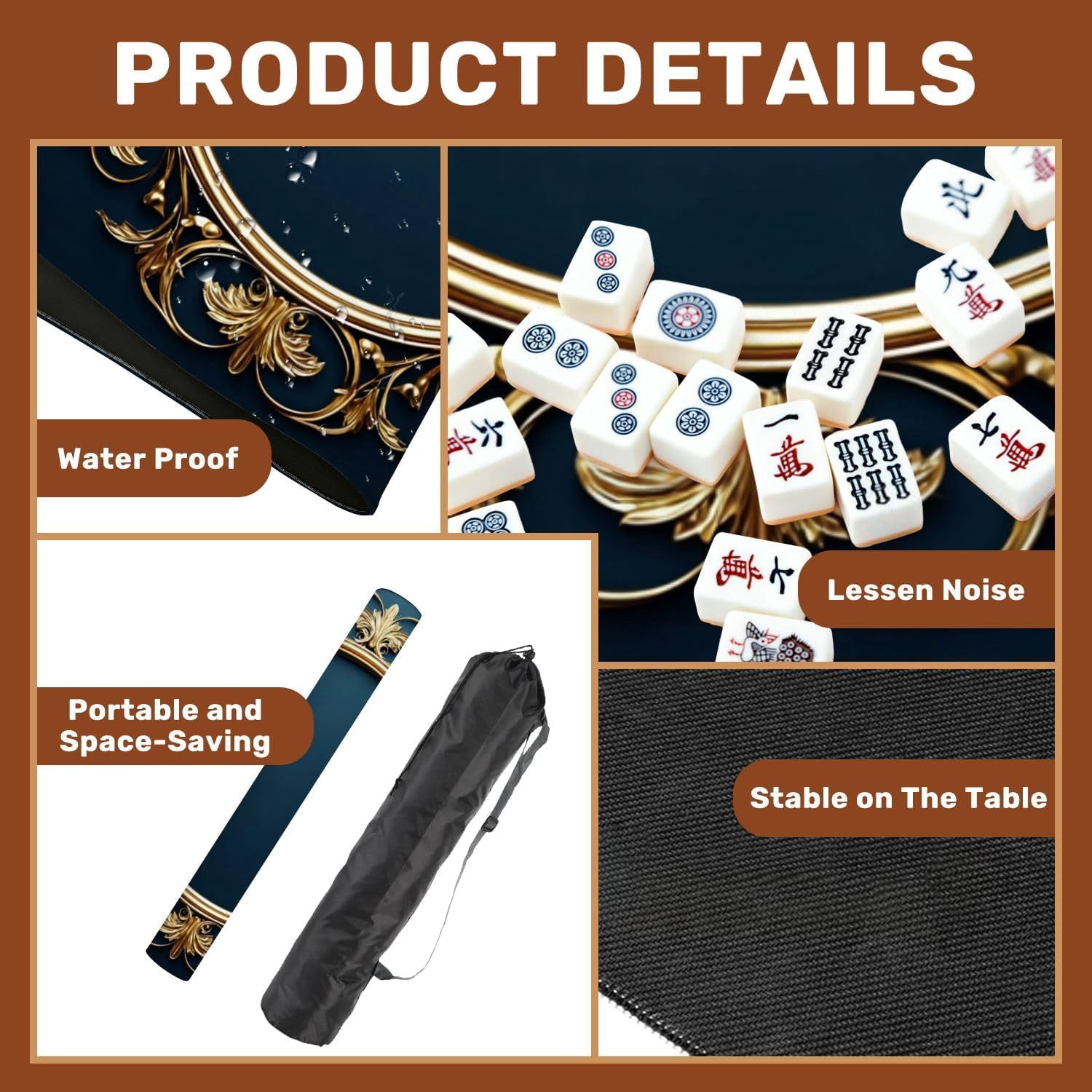 Mahjong Mat 31.5" x 31.5" Luxurious Golden Baroque Ornate Round Frame Dark Teal Blue Non-Slip Noise Reduction Mahjong Tiles Table Cover for Dominoes Poker Card Board and Tile Games Gift