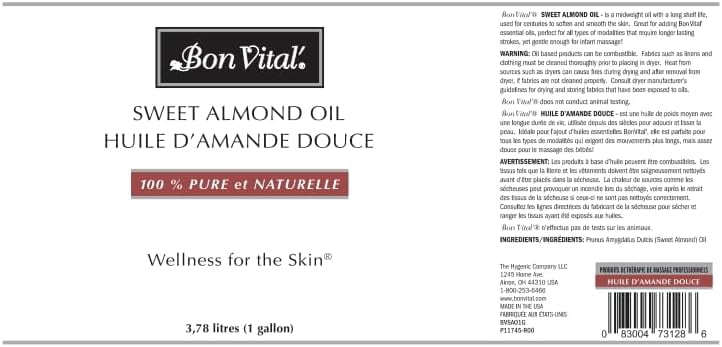 Bon Vital' Sweet Almond Oil, Skin & Hair Moisturizer, 1 Gallon