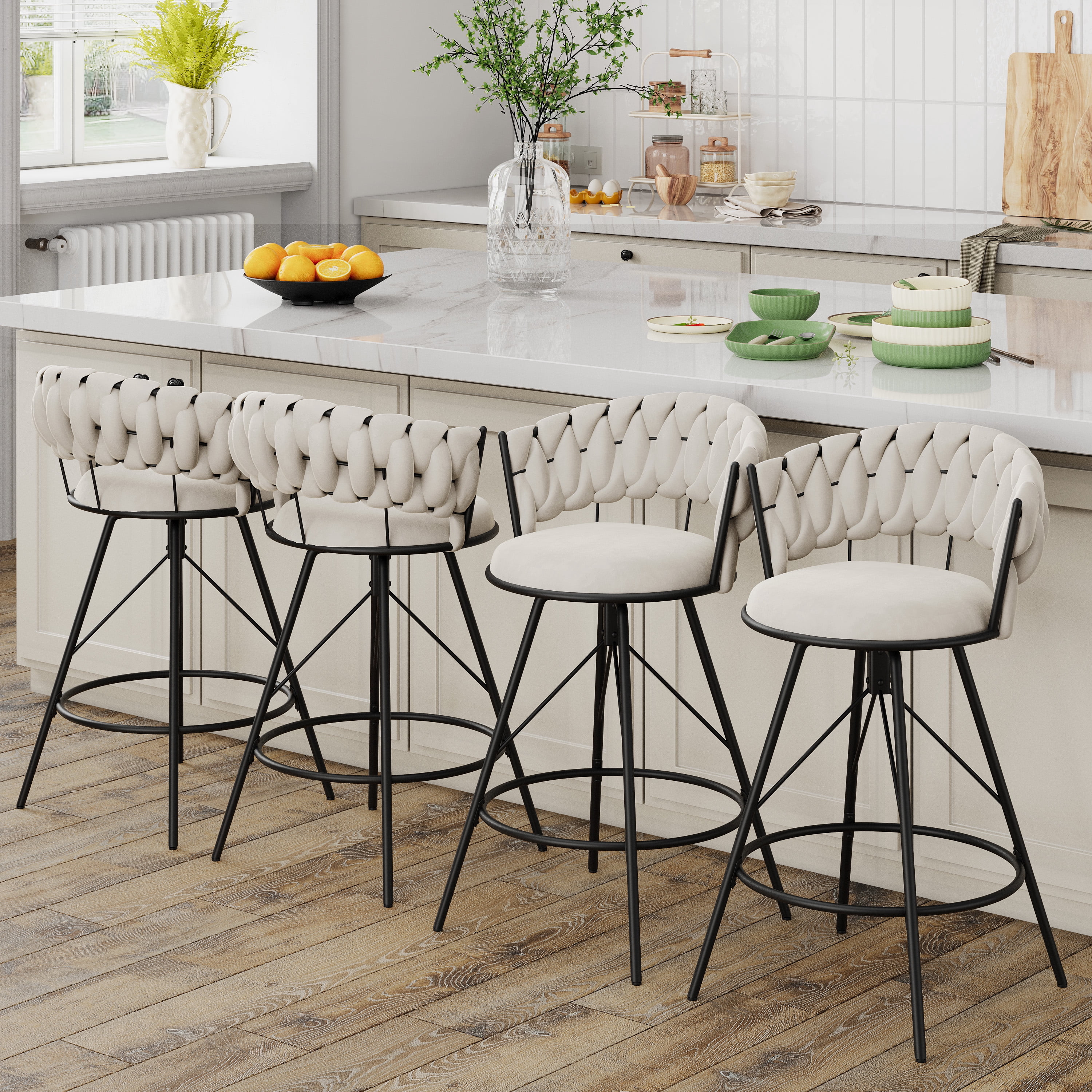 Andeworld 26'' Bar Stools with Woven Back set of 2, Modern Velvet Barstools with Upholstered Seating, Counter Height Barstool in Round Footrest, Ivory