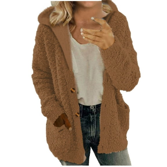 Lovskoo Winter Coats for Women Hooded Fuzzy Fleece Sweater Coat Warm Wool Zipper Coat Long Sleeve Outwear A-Orange