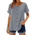 thumbnail image 2 of Women's Cotton Linen Top, Short Sleeve Round Neck Button Down Long Length Cardigan, Cute & Casual Summer Shirt for Layering, Beach Cover Up, and Vacation Wear-Gray, 2 of 6