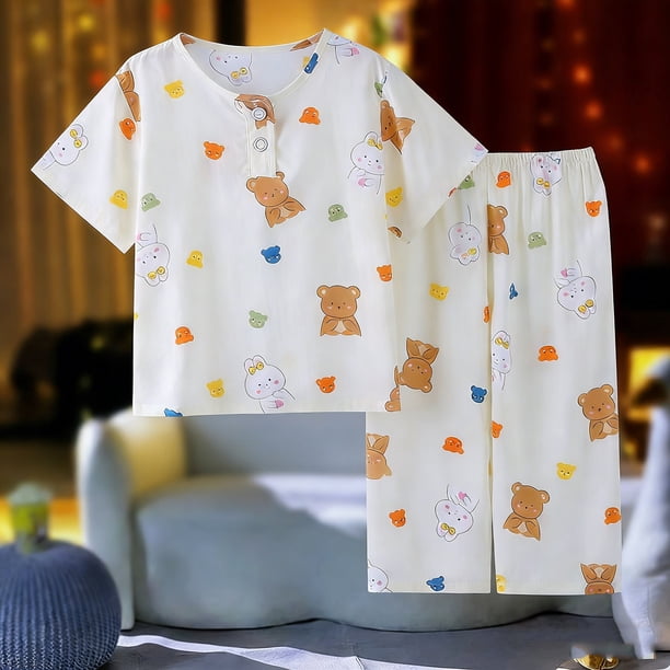Conjuntos de blusas y camisas de cuello redondo y manga corta para niños de verano, ropa de casa estampada de manga corta para niños y niñas, camisa de manga corta para niños