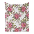 thumbnail image 1 of Flower Soft Flannel Fleece Throw Blanket, Watercolor Dog Rose Garden Pattern with Leaves and Buds Image, Cozy Plush for Indoor and Outdoor Use, 70" x 90", Lime Green Pale Pink, by Ambesonne, 1 of 6