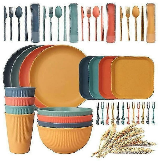 48Pcs Unbreakable Dinnerware Sets for 4 People, Camping Plates and Bowls Set, Picnic Dinner Sets, S