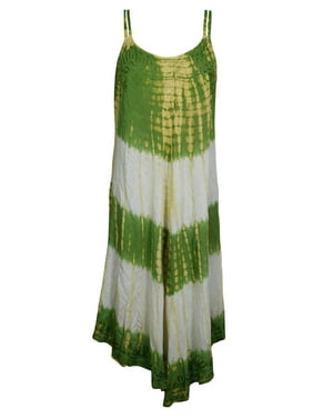 Mogul Green/White Cover-Up Tank Dress Sleeveless Fit Flare Rayon Tie Dye Boho Chic Beach Wear Sexy Dresses
