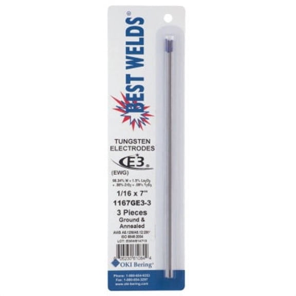 E3 Tungsten Electrode, 1/16 in x 7 in, 3/PK