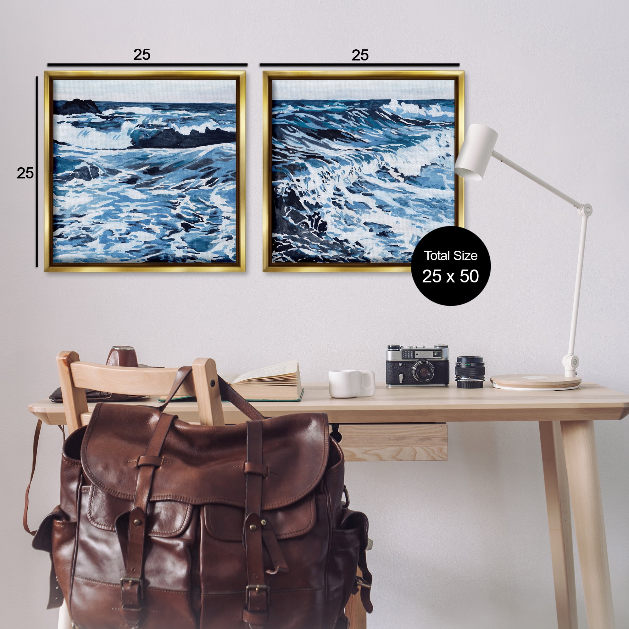 Stupell Industries Breaking Ocean Waves Nautical & Beach Painting Gold Floater Framed Canvas Art Print Wall Art, 25 x 25, Set of 2