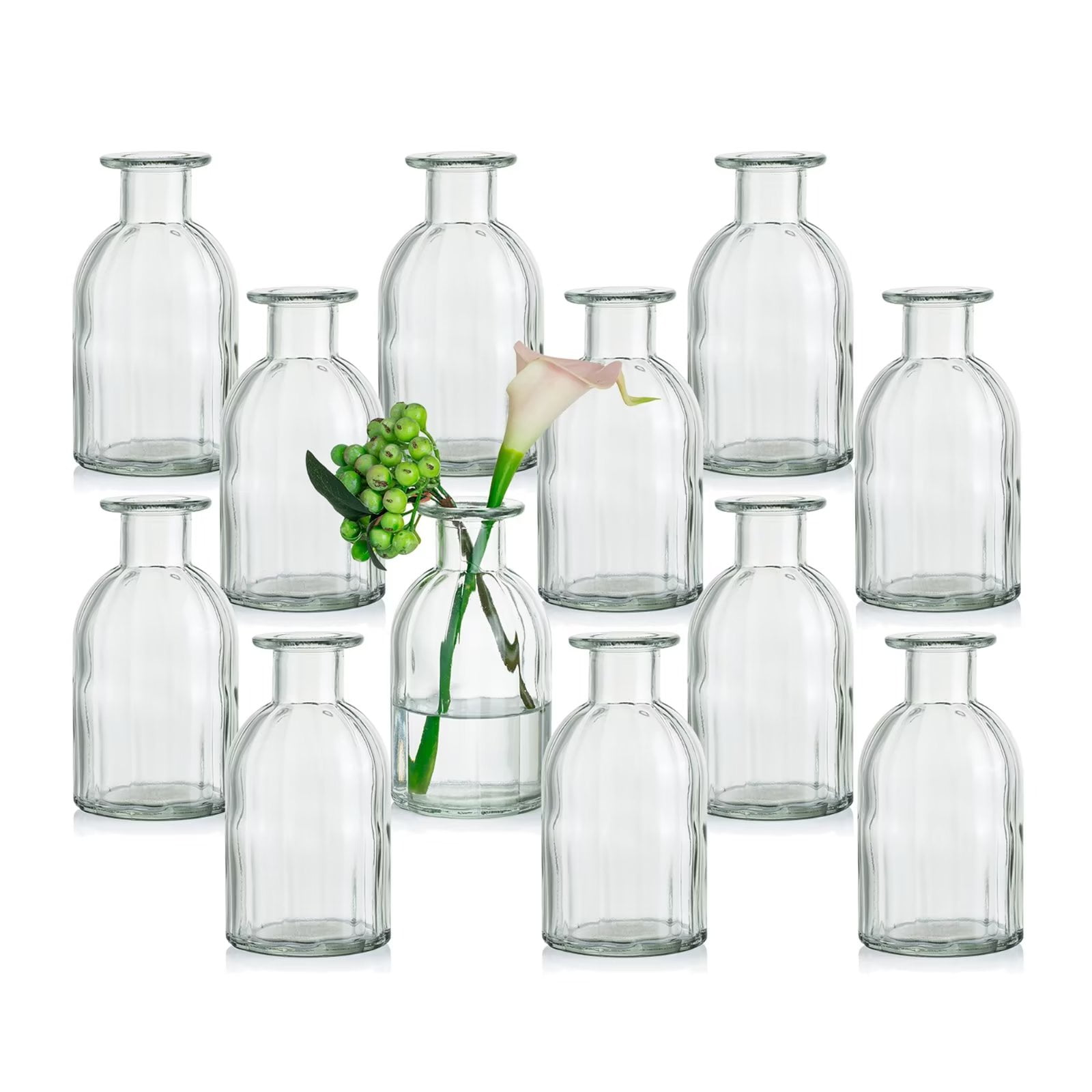 Glasseam Glass Bud Vases Bulk for Flowers Set of 12 Striped Clear Small
