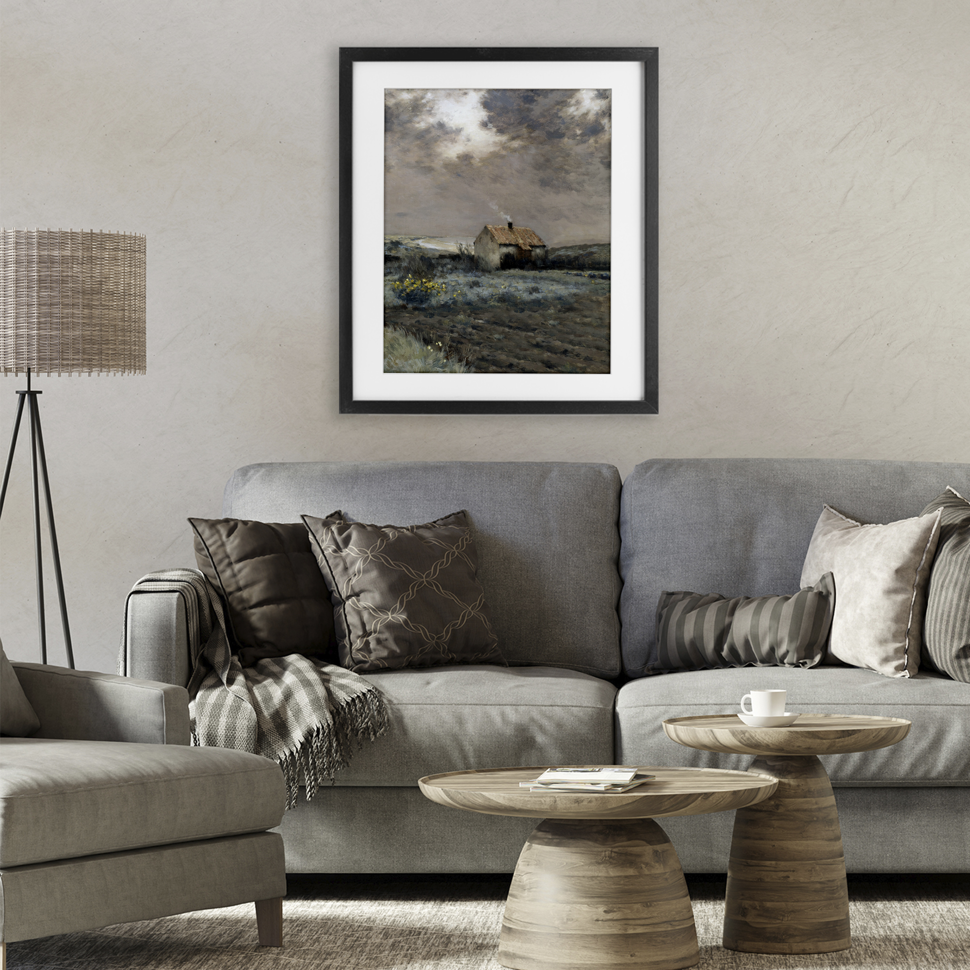 Cabin in Overcast Field Black Framed Print Under Glass, design by Lettered and Lined