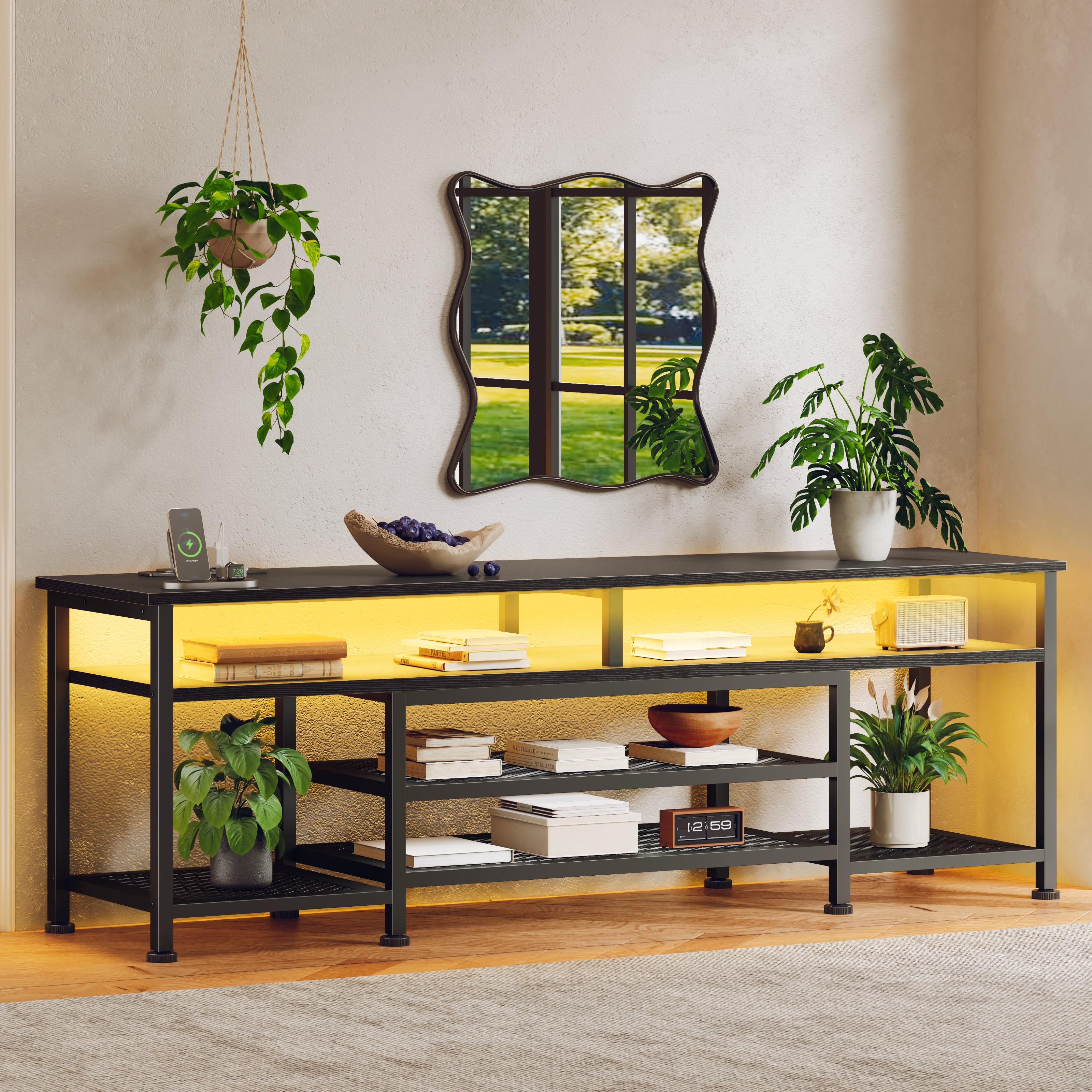 Tydimor Modern TV Stand for 75-80 inch TV, Media Console with Storage for Living Room, LED Entertainment Center with Outlets, Black