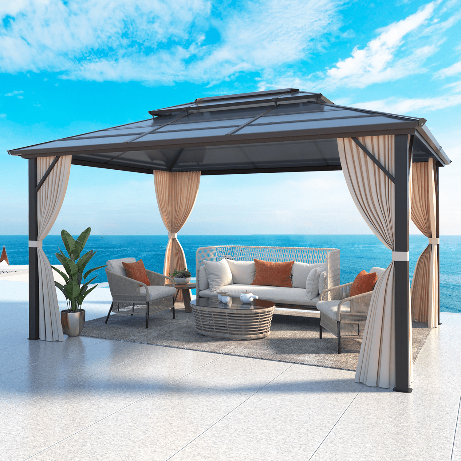Hommow 10'x13' HardTop Double Roof Gazebo, Outdoor Polycarbonate Patio Gazebo with Aluminum Frame,Curtain