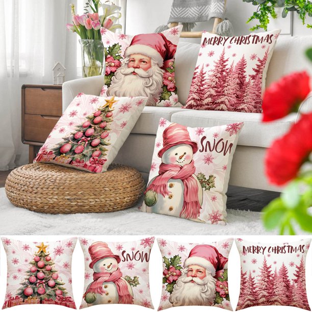 Hot6sl Ofertas y Liquidaciones Fundamentos de Almohada En Estampado Navideño de 4 Piezas, Funda de Cojín de Lino para Sofá, Funda de Cojín para Decoración Del Hogar, Funda de Almohada Familiar
