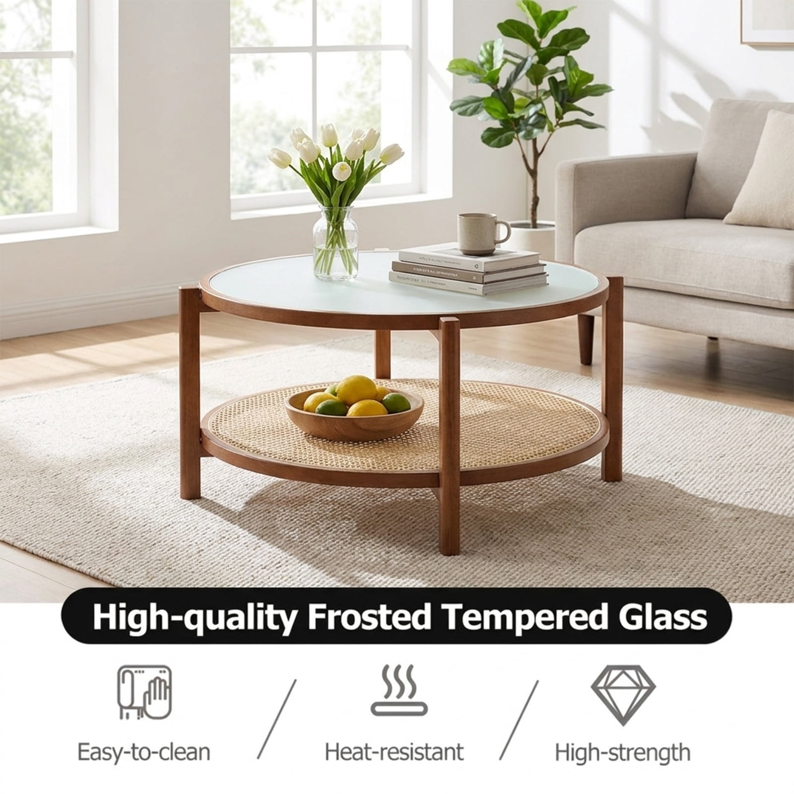 Furnibear 2 Tier Round Rattan Coffee Table with Frosted Tempered Glass Top and Acacia Wood Legs a Boho Living Room Center Table, Walnut