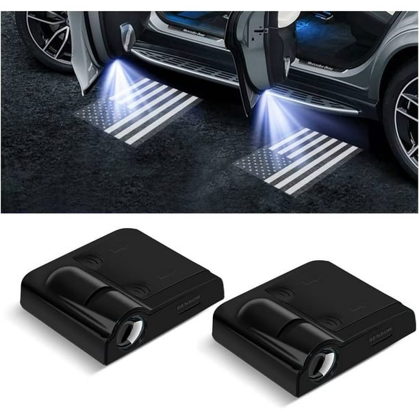 proyectores de logotipos para puertas de coche, luces LED inalámbricas de cortesía, sensor magnético sin agujeros, luz de bienvenida con efecto fantasma (bandera estadounidense negra)