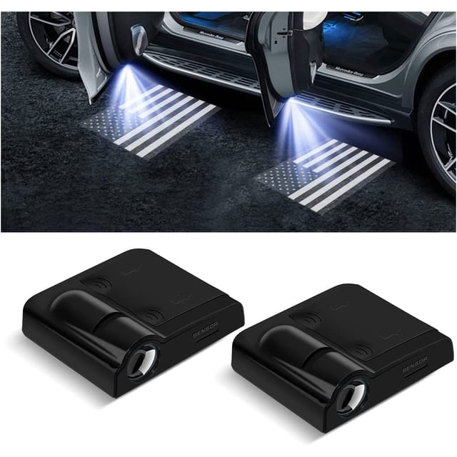 proyectores de logotipos para puertas de coche, luces LED inalámbricas de cortesía, sensor magnético sin agujeros, luz de bienvenida con efecto fantasma (bandera estadounidense negra)