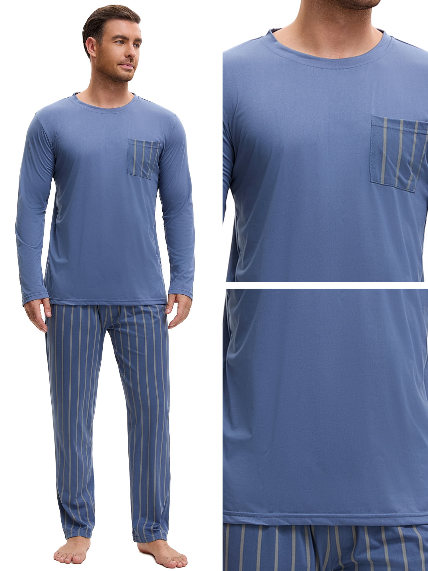 DARING DIVA Men's 2-Piece Long Sleeve Crew Neck Casual Stripes Pajamas Set L Blue Gray