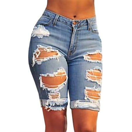 Women Holes Ripped Jeans Summer Casual Denim Capris Knee-length Pants Woman's