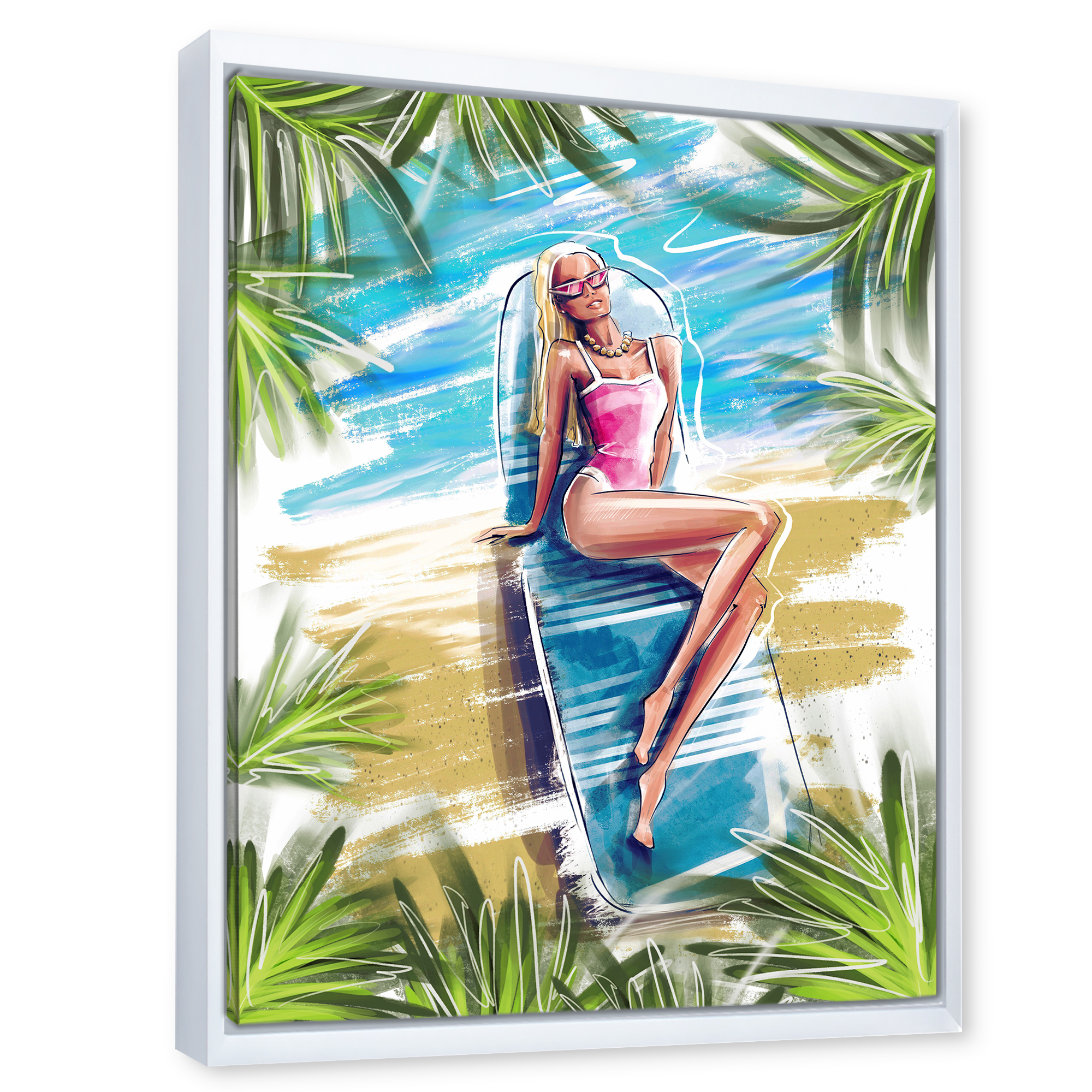 Designart 'Portrait Beautiful Blond Model At The Beach Sunbathing' Nautical & Coastal Framed Canvas Wall Art Print