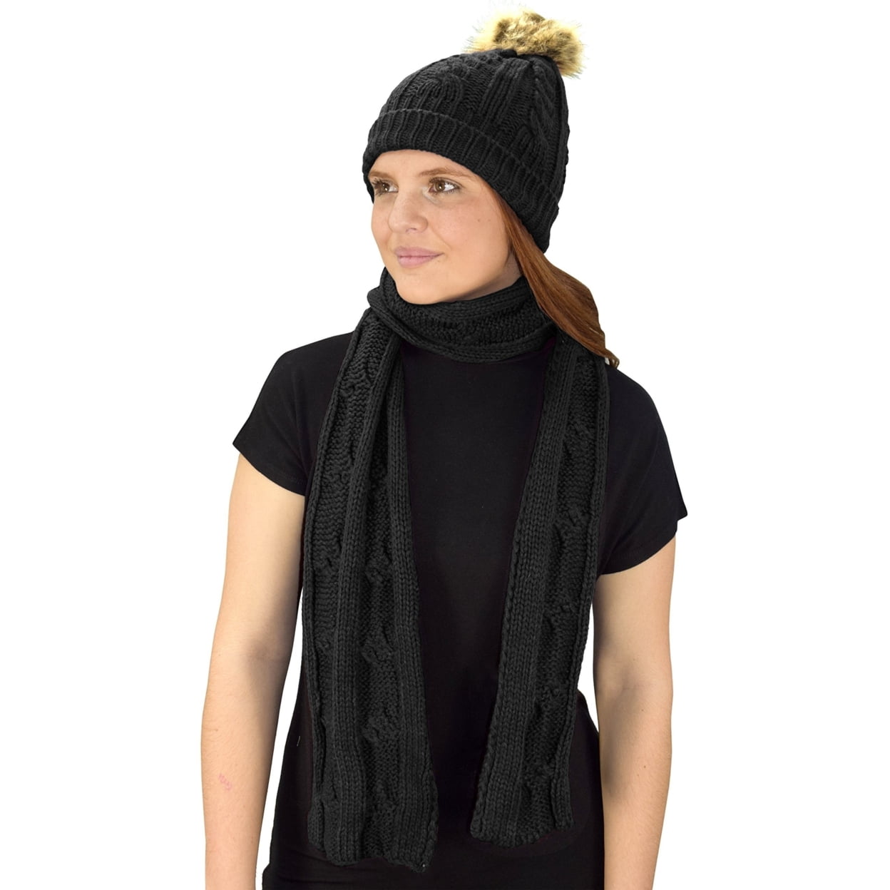 Cable Knit Beret Beanie Hat and Scarf Set