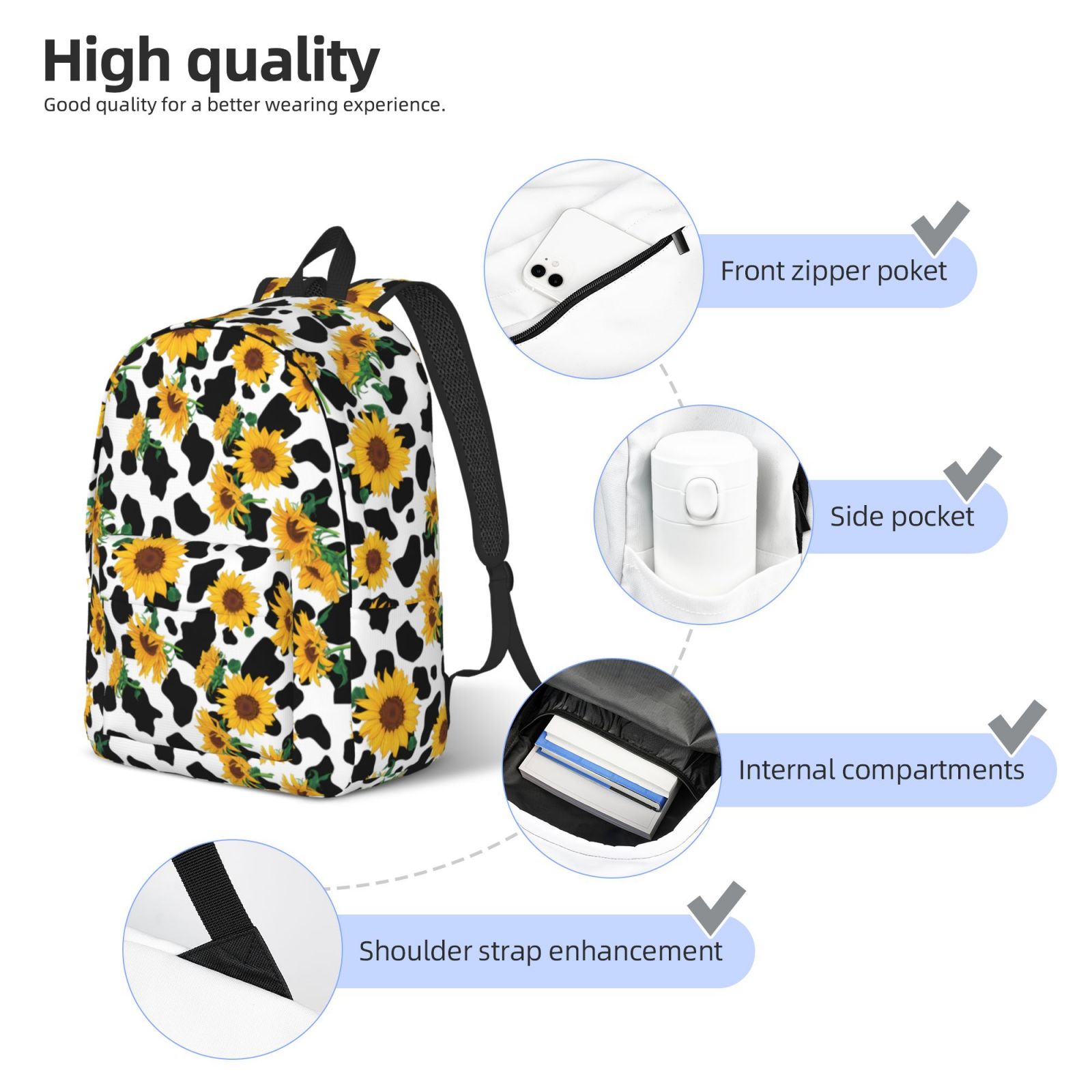 Vsdgher Cute Cow Print Sunflower A Print Canvas Backpack Travel Rucksack Unisex Knapsack 15.7/17.7Inch Laptop Backpack for Work,College -Medium